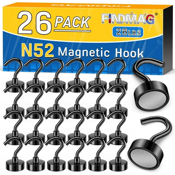 FINDMAG 28 LBS Black Magnetic Hooks Heavy Duty, Neodymium Magnet Hooks, Strong Magnetic Hooks for Hanging, Magnet with Hooks for Home, Kitchen, Workplace, Office (26 Pack)