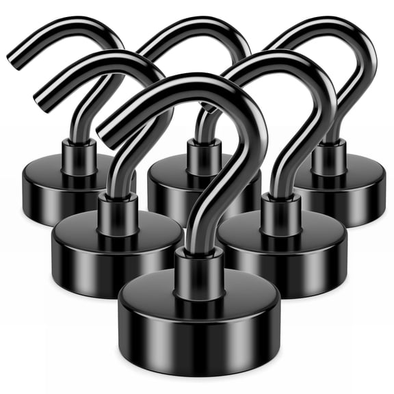 FINDMAG 28 LBS N52 Magnetic Hooks Heavy Duty, Neodymium Magnet Hooks, Strong Magnetic Hooks for Hanging, Magnet with Hooks for Home, Kitchen, Workplace, Office (Black, Pack of 6)