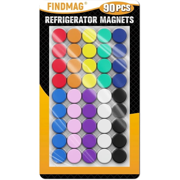 FINDMAG 90 Pack Refrigerator Magnets, Round Fridge Magnets, Small Magnets for Whiteboard, Decorative Magnets, Office Magnets for School, Locker, WhiteBoard (10 Colors)