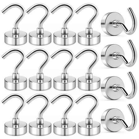 FINDMAG Magnetic Hooks 28LBS N52 Neodymium Magnet Hooks for Hanging, Super Strong Magnets with Hook for Classroom, Kitchen, School, Office, Garage (16 Pack)