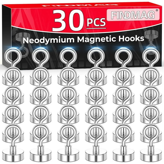 FINDMAG Magnetic Hooks, N52 Grade Magnets Heavy Duty with Hook, Sheep Eye Magnetic Hooks for Cruise, Locker Accessories, Office, School (28 lbs, Pack of 30)