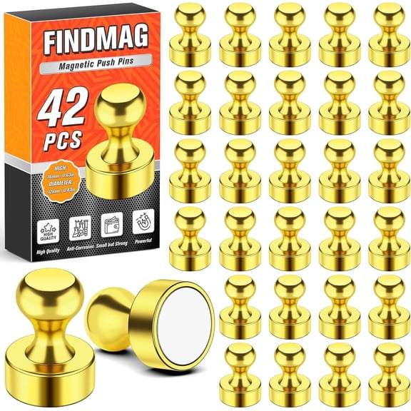FINDMAG Magnetic Push Pins, 42 Pack Fridge Magnets, Neodymium Push Pin Magnets, Gold Tacks Magnets for Kitchen, Home, Classroom, Dry Erase Board, Pictures, Office, Whiteboard, Bulletin Board