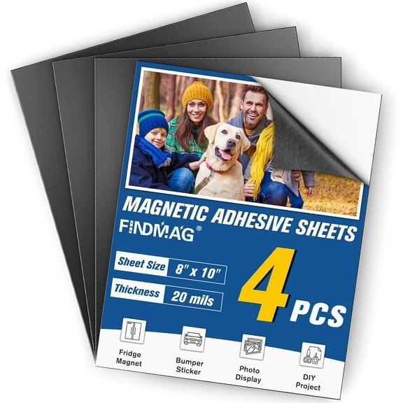 FINDMAG Magnetic Sheets, Flexible Magnets with Superior 3M Adhesive Backing, Cut & Customize Magnet Sheet Set for Creating Magnetic Photo, Crafting, Organizing, and DIY Projects - 4 Pack (8" x 10")