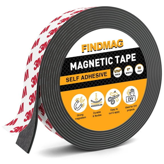 FINDMAG Magnetic Tape with Strong Self Adhesive Flexible Magnetic Strip Magnet Tape Roll Perfect for Craft and DIY Projects, whiteboards & Fridge Organization - 0.08" Thick x 1" Wide x 10 Feet