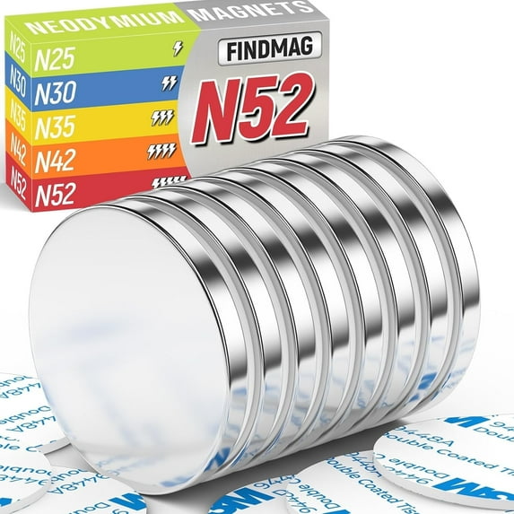 FINDMAG N52 Grade Disc Magnets with Double-Sided Adhesive, Magnets for Craft, Office, Scientific, Office, 1.26 inch D x 1/8 inch H