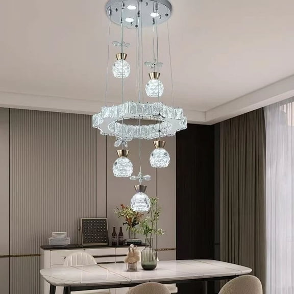 FINE MAKER 116 inch 5-photo chrome crystal glass pendant light bedroom LED ceiling light (3 colors)