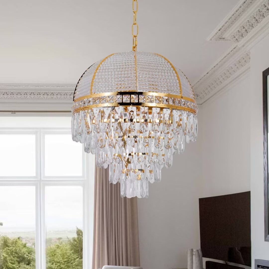 FINE MAKER 16" Luxury Crystal Chandelier Empire Gold Pendant Lamp Hanging Ceiling Fixtures