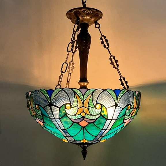 FINE MAKER 16" Tiffany Wide Sea Green Stained Glass Inverted Chandelier, Living Room Antique Style 3 Light Chandelier