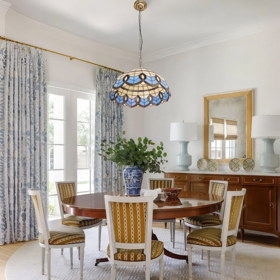FINE MAKER 16 inch vintage European blue-trim pendant light dining room light living room light bedroom light entryway light blue-trim vintage pendant light