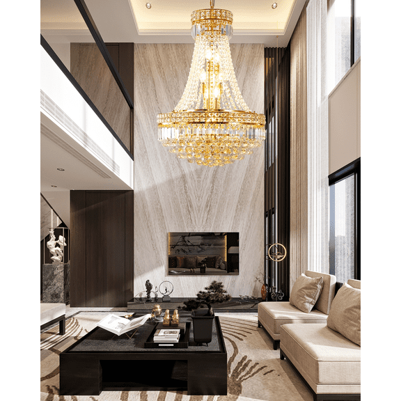 FINE MAKER 23 Inch Modern Gold Crystal Chandelier, Ceiling Crystal   Chandelier, Lobby, Living Room, Staircase, Dining Room,   Bedroom Chandelier