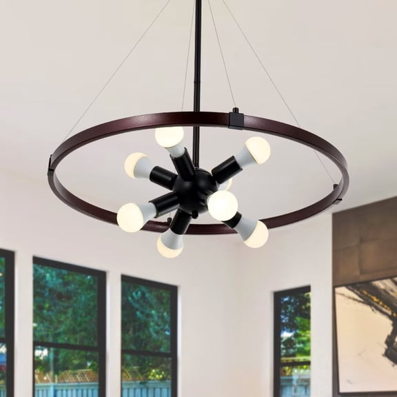 FINE MAKER 25.6'' Round Metal Chandelier for Living Room, Vintage Rust 8-Light Fixture, Black Finish Chandelier