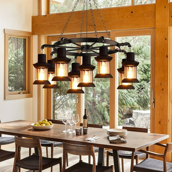 FINE MAKER 29.5'' Large Farmhouse Wagon Wheel Chandelier for Living Room, 9-Light Rustic Round Metal Light Fixtures for Dining Room Entryway Kitchen