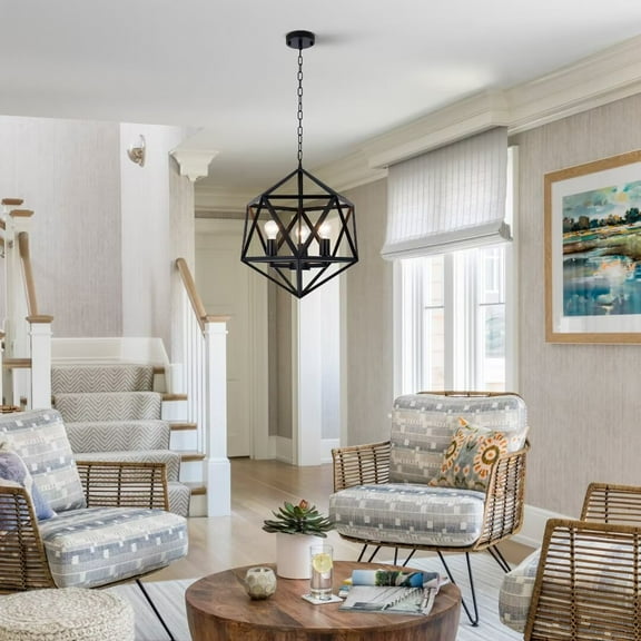 FINE MAKER 3 Light Rustic Industrial Chandelier, Modern Living Room Square Cage Pendant Light