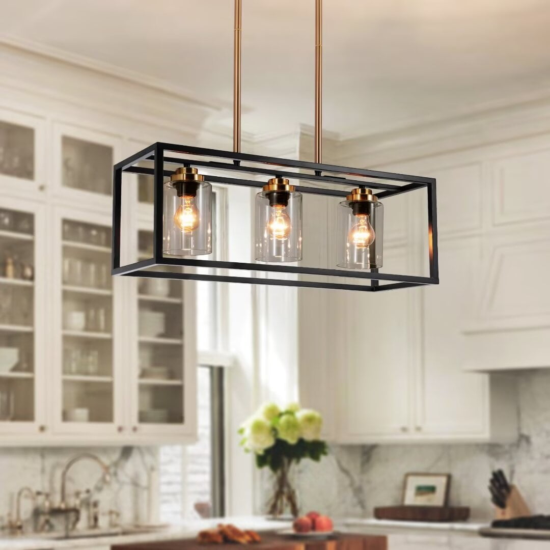 FINE MAKER Lights Modern Black Rectangular Chandelier with Glass