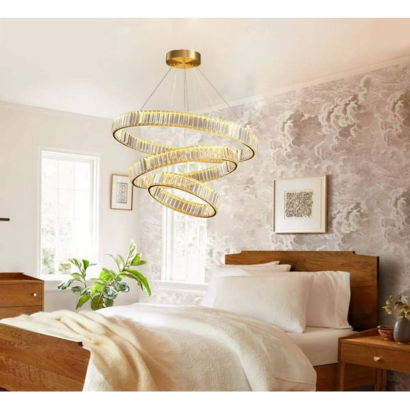 FINE MAKER 3 Ring Modern Crystal Chandelier Light Fixture Round LED Pendant Lighting Ceiling Lamp Hanging Lights for Living Room Dining Room Bedroom