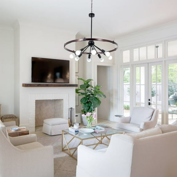 FINE MAKER 31.5'' Living Room Carriage Chandelier, Dining Room Kitchen 8 Light Vintage Round Metal Fixture, Vintage Rust and Black Finish