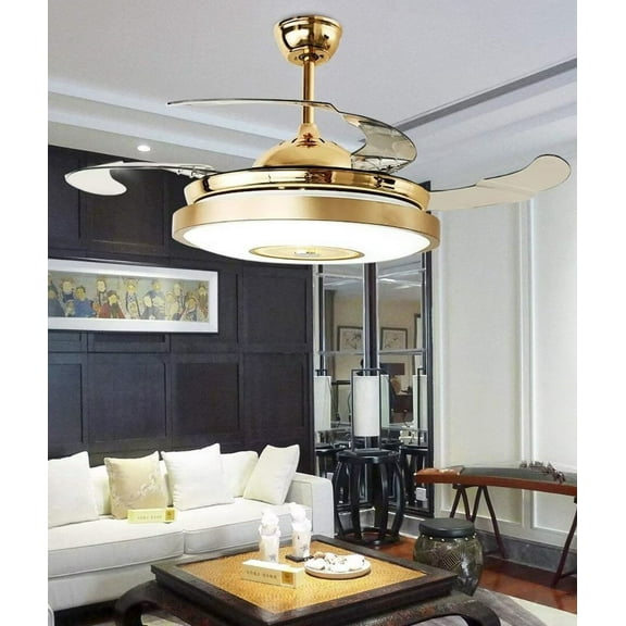 FINE MAKER 36-Inch Gold Drum LED Indoor Expandable Four Leaf Ceiling Fan with Speaker Pendant Light