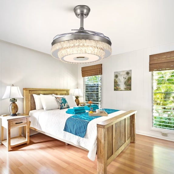 FINE MAKER 42" Crystal Ceiling Fans with Lights Bluetooth Remote 7 Light Color LED Chandelier with Fan Invisible Fandeliers for Living Room Bedroom Chrome Finish