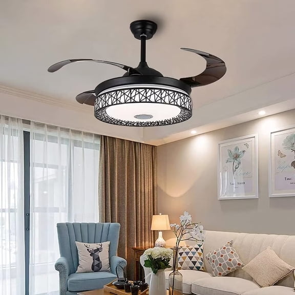 FINE MAKER 42 Inch Retractable Ceiling Fans with Bluetooth and 7 Lights Remote Control, Modern Style Farmhouse Ceiling Fan