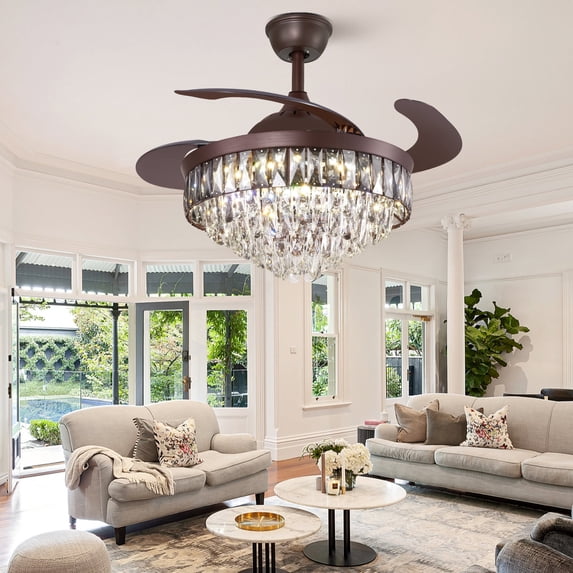 FINE MAKER 42" Luxury Crystal Ceiling Fan with Light Black Finish LED Chandelier with Fan Remote 3 Color 3 Speed Invisible Fandeliers Light Fixture for Living Room,Dining Room