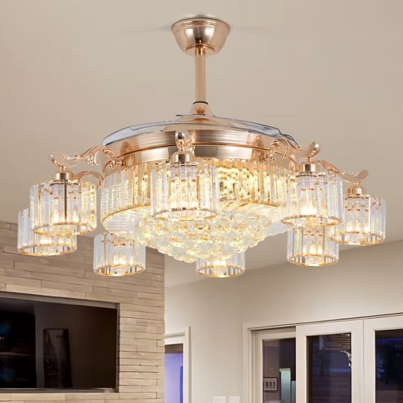 FINE MAKER 42" Luxury Gold 8-Lights LED Crystal Chandelier Retractable Ceiling Fan Lamp w/Remote Control