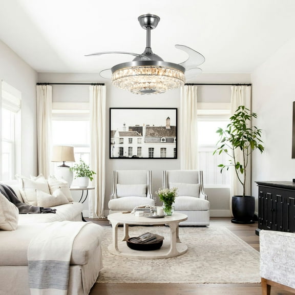 FINE MAKER 42'' Modern Smart Invisible Ceiling Fan, Bluetooth Speaker Crystal Chandelier, Mobile APP Control 7 Colour 3 Speed Chandelier