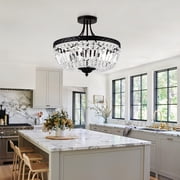 FINE MAKER 6-Light E26 Round Crystal Ceiling Light Fixture Modern Semi Flush Mount Chandelier Ceiling Lamp for Living Room Dining Room