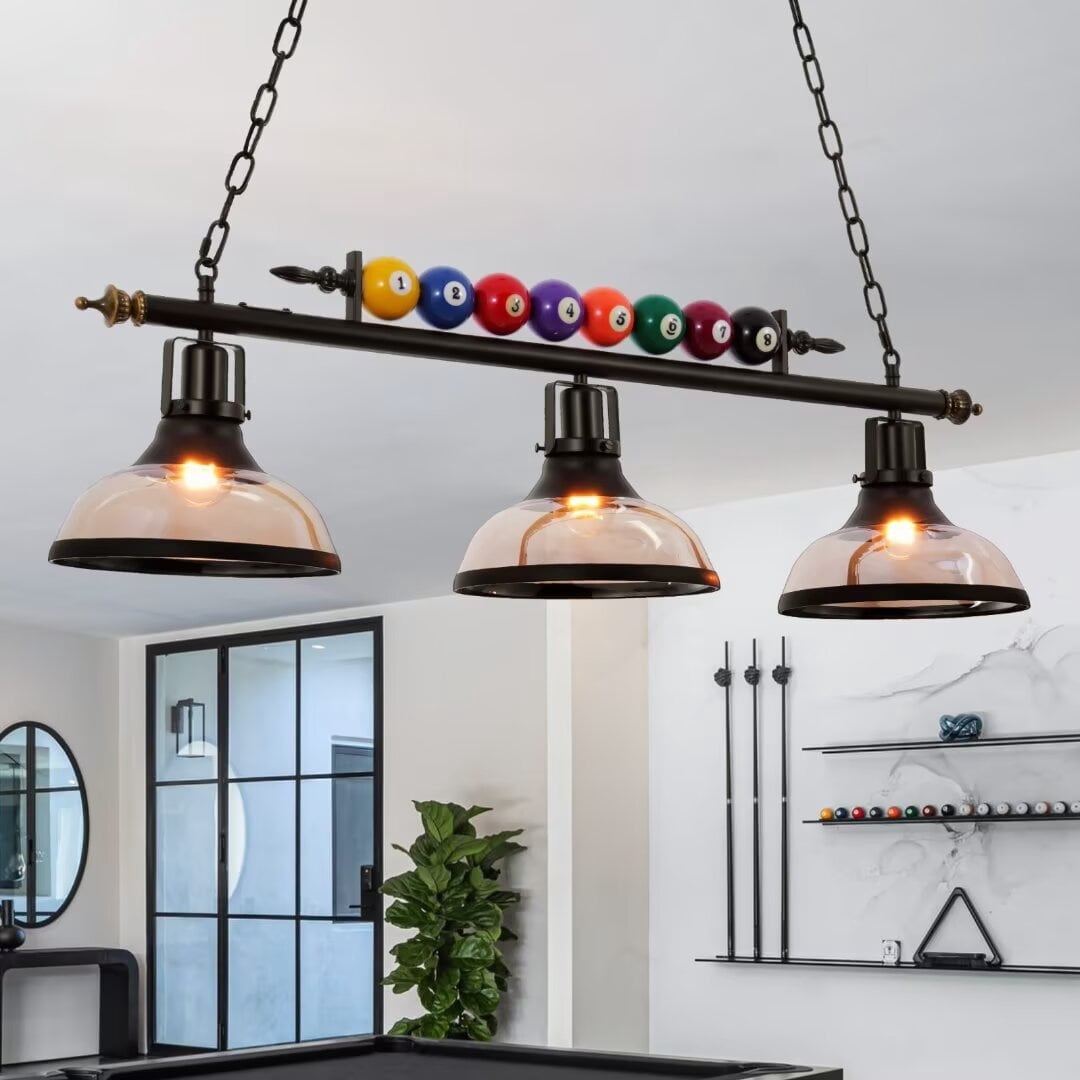 FINE MAKER Black Metal Ball Design Billiard Chandelier, Pool Table Lighting Pendant Light with 3 Glass Shades for Game Room Beer Party 7' - 8' Table