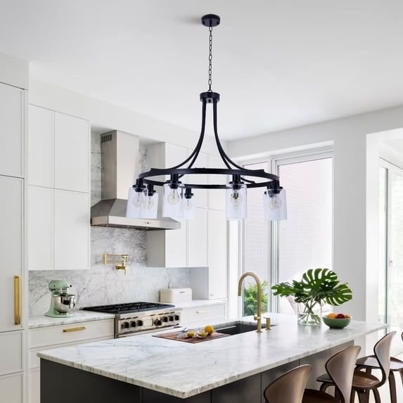 FINE MAKER Black modern hanging industrial chandelier, 5 lights living room clear glass shade semi-recessed lamp