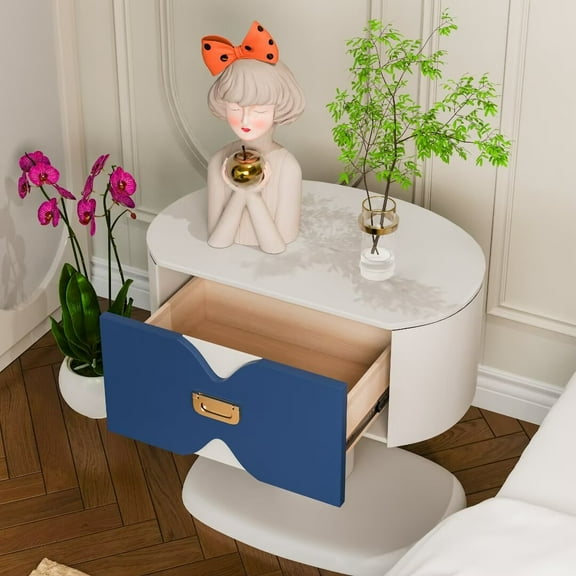 FINE MAKER Creative bedroom bedside table, unique design single drawer side table, sofa side table (white and dark blue)