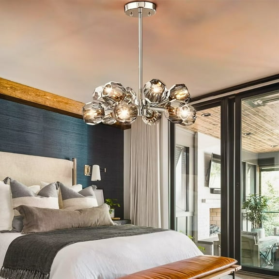 FINE MAKER 24 Inch Modern Luxury Crystal Chandelier, 12-Head Bedroom Chandelier, Dining Room Living Room Lighting Fixture (Chrome)