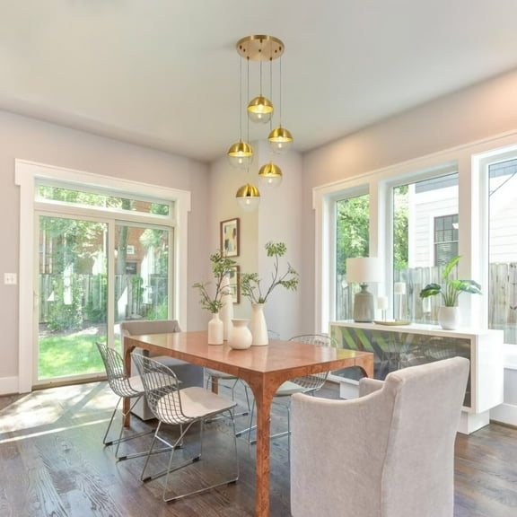 FINE MAKER Glass Chandelier 5 Light Globe Chandelier, Modern Gold Seed Glass Ceiling Suspension Light Fixture