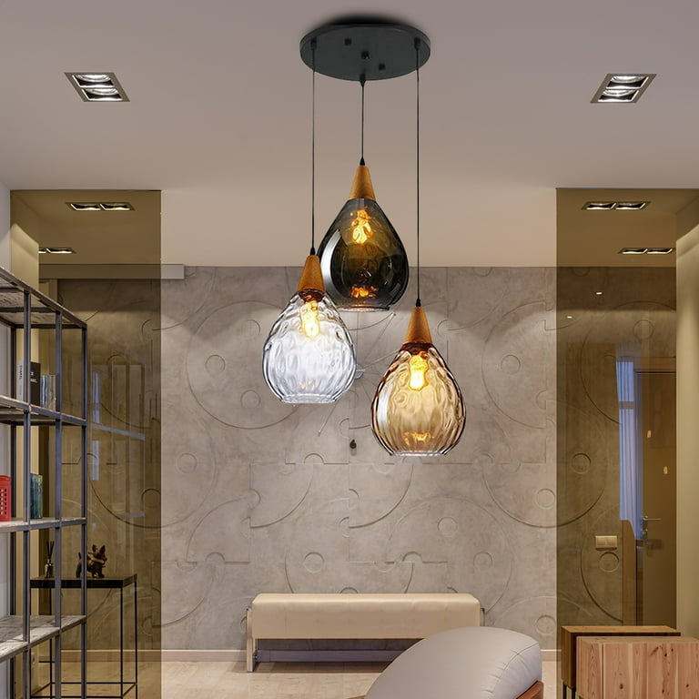 Fine Maker Glass Pendant Light Cluster Glass Ceiling Hanging Light 3 Light Water Drop 12 inch Colorful Light Fixtuer for Dining Room Kitchen