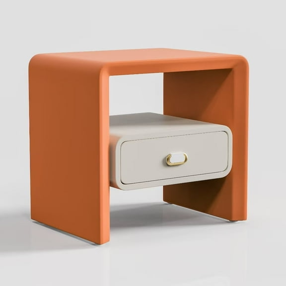 FINE MAKER Hollow Design Side Table, Living Room Creative Design Single Drawer Bedside Table (Orange + White)