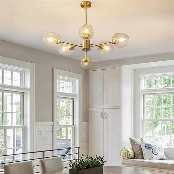 FINE MAKER Mid Century Modern 6-Lights Sputnik Chandelier Flush Mount Ceiling Light Gold Glass Ball Round Chandelier Kitchen Island Lighting Fixture