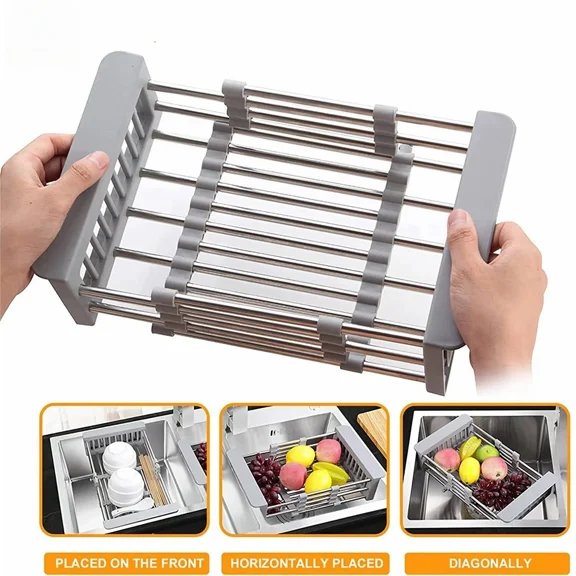 FINE MAKER Modern Adjustable Stainless Steel Kitchen Dish Drying Rack Sink Drain Basket