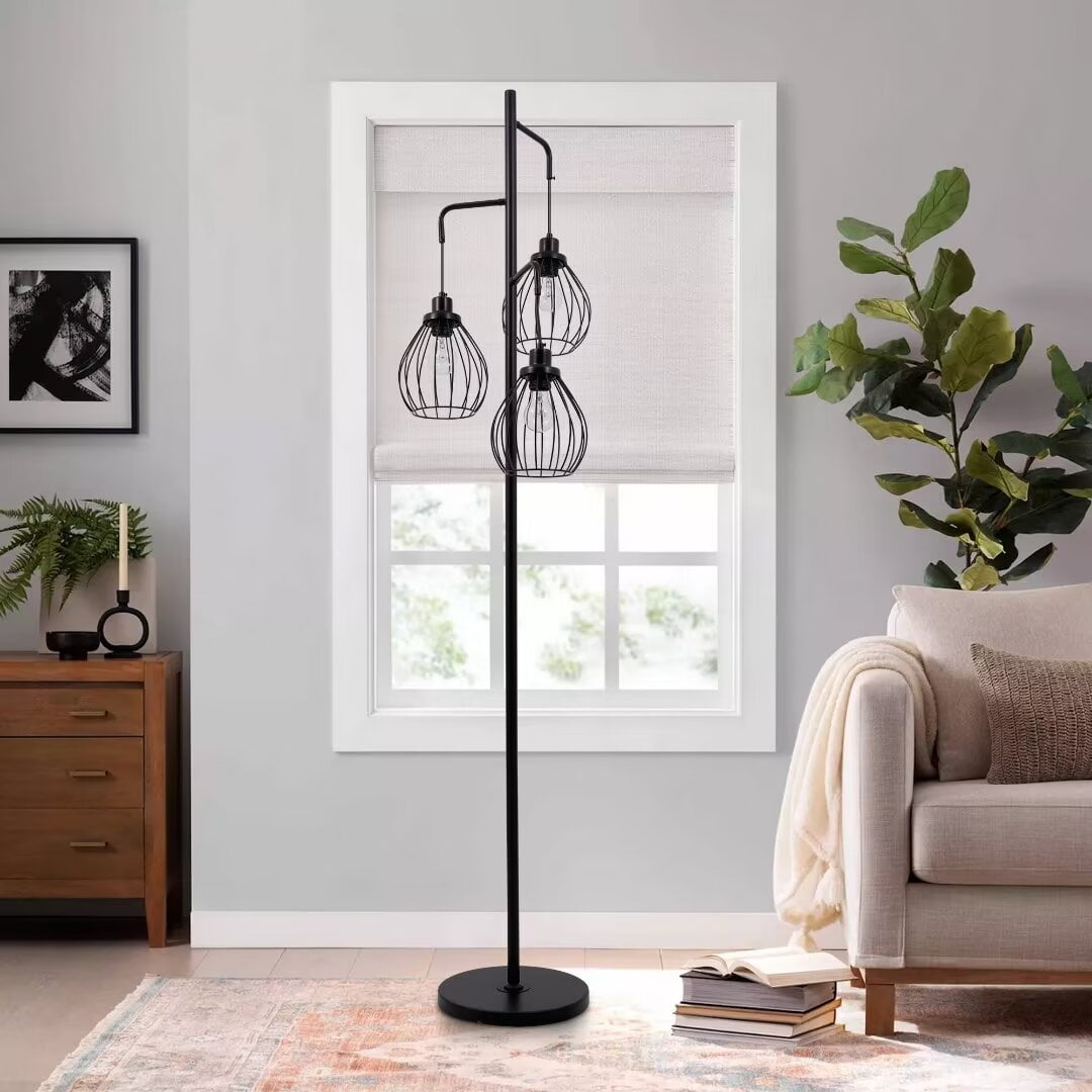 FINE MAKER Modern Black Floor Lamp with Tree High Bar Vintage Standing Lamp for   Living Room, Bedroom and Office