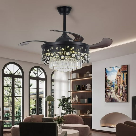 FINE MAKER Modern Crystal Ceiling Fan with Light Black Metal Remote Control 3 Color LED Chandelier Fan 3 Speed Wind Retractable Blades Silent Fandelier for Living Dining Room Bedroom 110V 42"