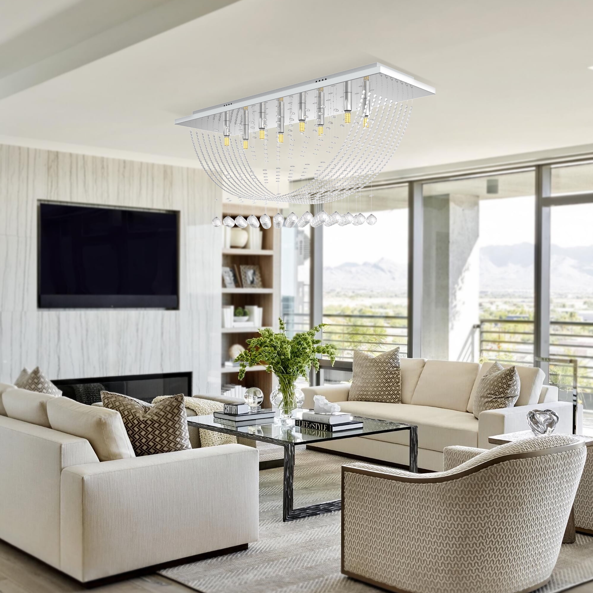 FINE MAKER Modern Crystal Flush Mount Chandeliers Rectangle Lighting Ceiling Light Fixture Lamp for Dining Bathroom Bedroom Livingroom Hallway