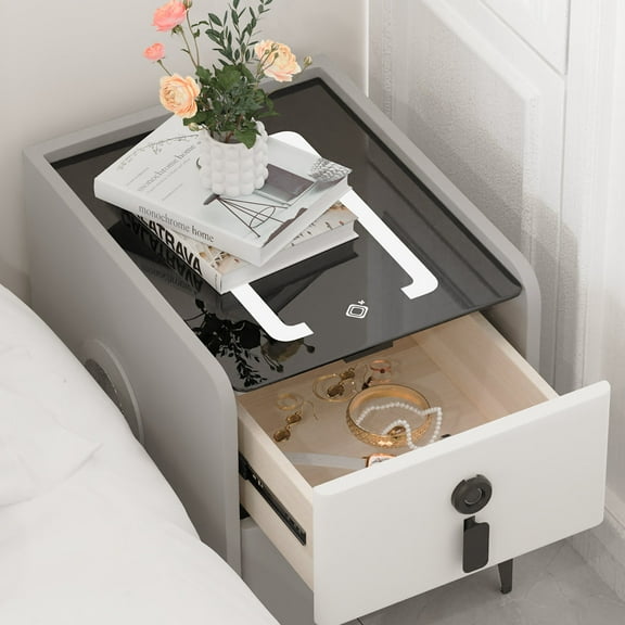 FINE MAKER Modern Luxury Narrow Two Drawer Nightstand with Fingerprint Lock and LED Drawer Nightstand and Music Player 18"H x 9"W x 16"D