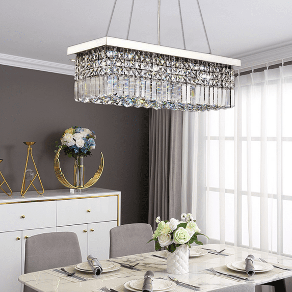 FINE MAKER Modern Silver Electric Rectangle Crystal Raindrop Chandelier