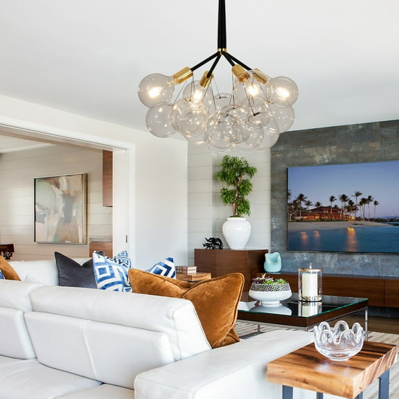 FINE MAKER Modern clear glass chandelier, mid century bubble chandelier, light bulb cluster fixture, glass globe 4 light dining room chandelier