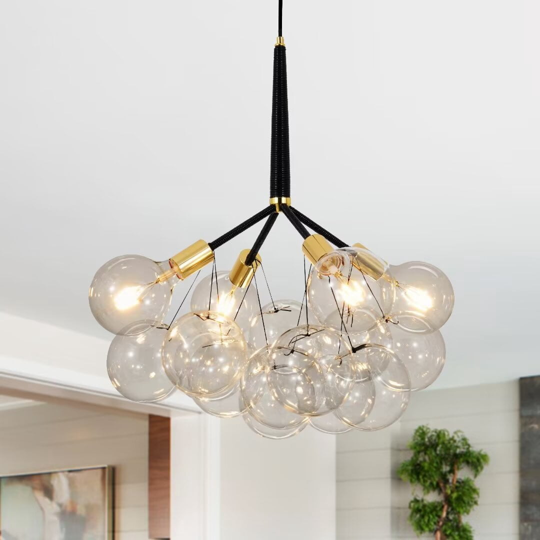 Modern Clear Glass Bubble Chandelier - Mid-Century Pendant Light With 4 Glass Globes, Silver Finish, For Dining Room, Living Room Ceiling