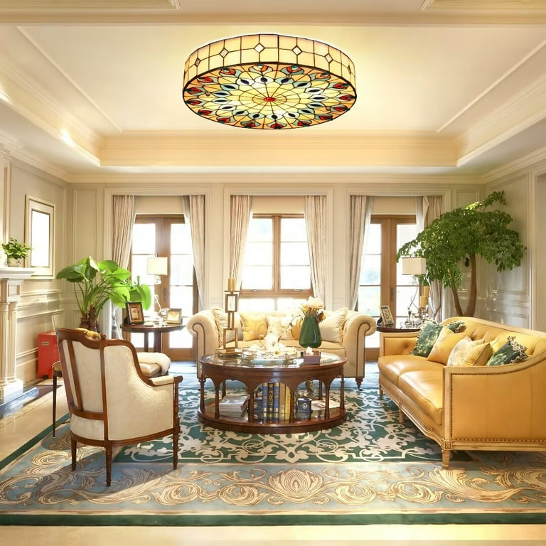 FINE MAKER Peacock Stained Glass Ceiling Light Fixture Flush Mount