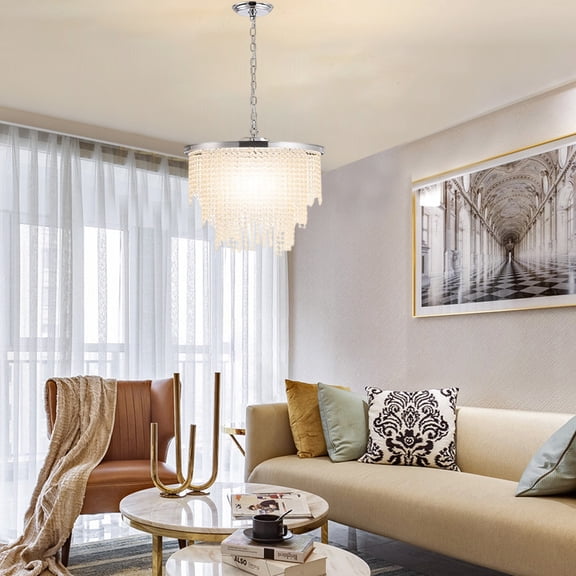 FINE MAKER Raindrop Crystal Chandelier Hanging Pendant Light Silver Finish Ceiling Mount Light Fixture for Living Room Dining Room Hallway 5 Light 19"