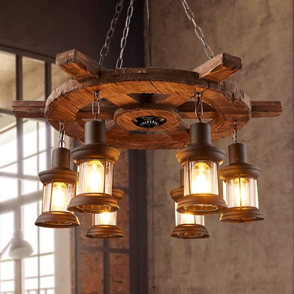 FINE MAKER Rustic 6-Light Wooden Cylinder Pendant Light