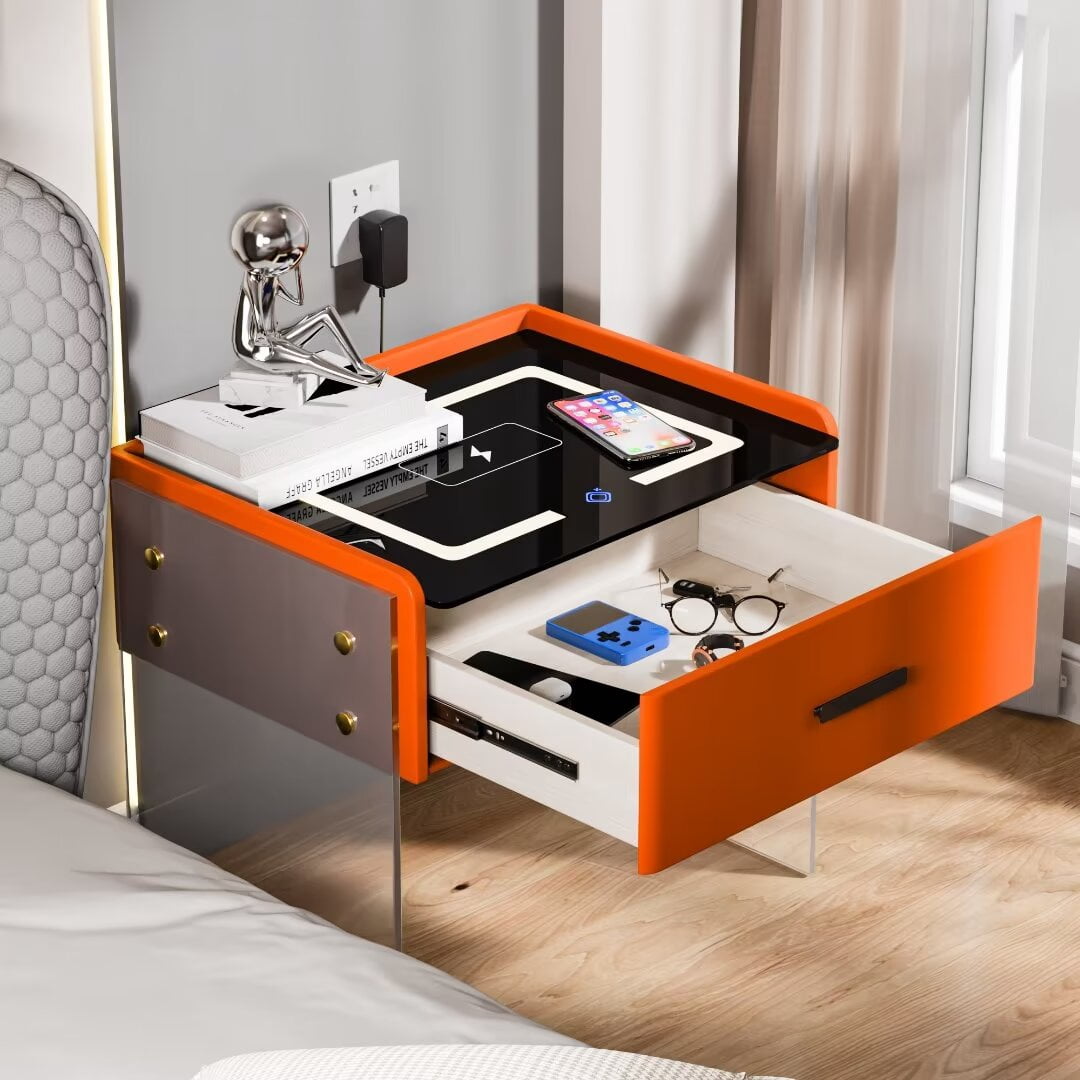 Mini Computer Night Stand FINE MAKER Smart Nightstand Single Drawer Bedroom Nightstand with ...