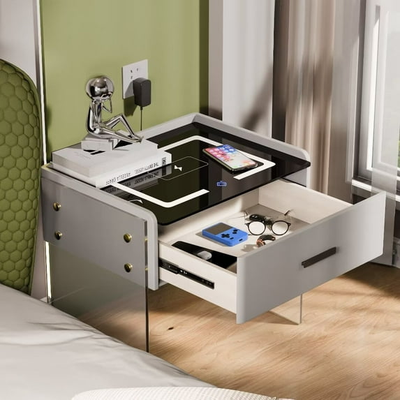 FINE MAKER Smart Nightstand Single Drawer Bedroom Nightstand with Wireless Charging Tricolor LED Lights Nightstand with Bluetooth Audio and Sensor Lights