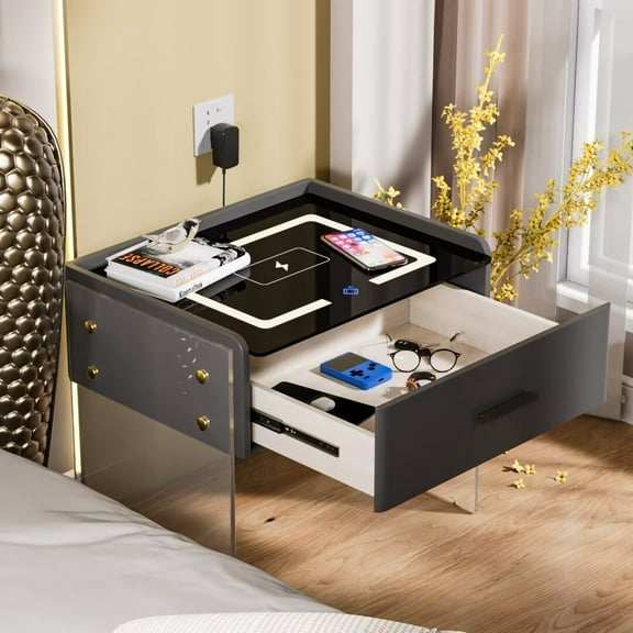 FINE MAKER Smart Nightstand Single Drawer Bedroom Nightstand with Wireless Charging Tricolor LED Lights Nightstand with Bluetooth Audio and Sensor Lights