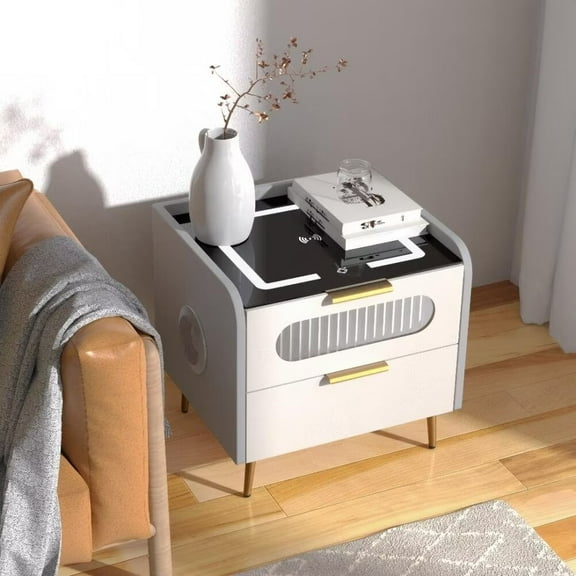 FINE MAKER Smart Nightstands with Wireless Charging   Station,Modern Nightstands with 3 Color LED Lights   and Speaker, Wooden End Side Table for Bedroom,   Dorm, 2 Storage Drawers